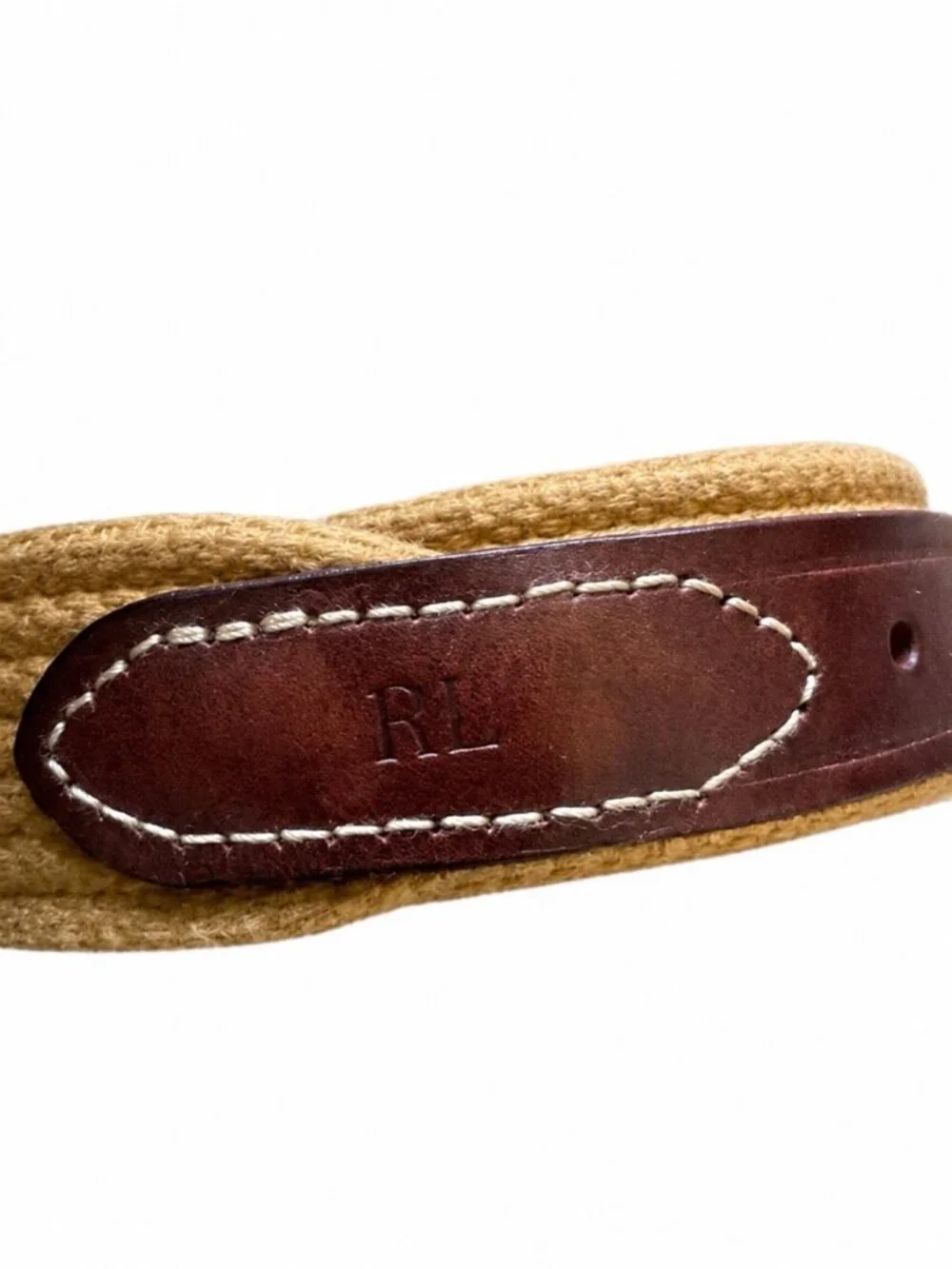 Polo Ralph Lauren Mens Vintage Brown Leather Tan Stretch Belt Size 34/85 RL Logo